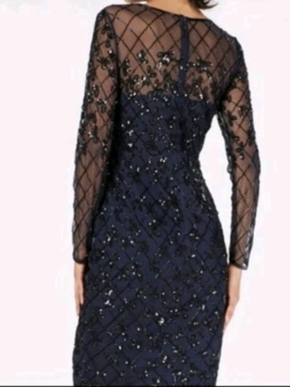 Elegant Navy Beaded Sheath Dress with Illusion Long Sleeves Adriana Papell.